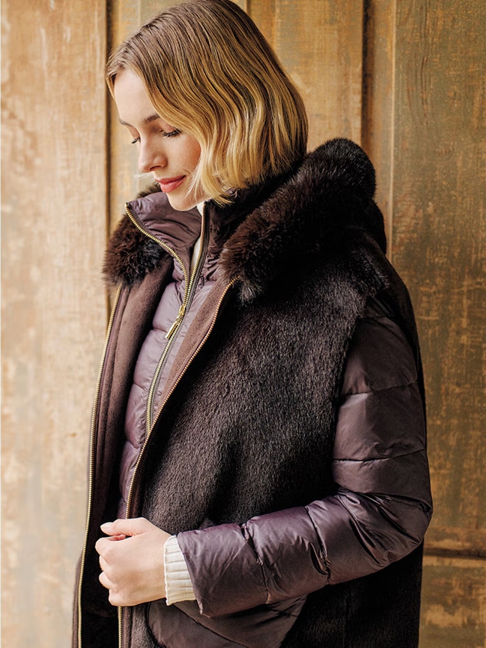 J.McLaughlin Vail Faux Fur Hooded Vest Brown XS NWOT Luxury Après Ski